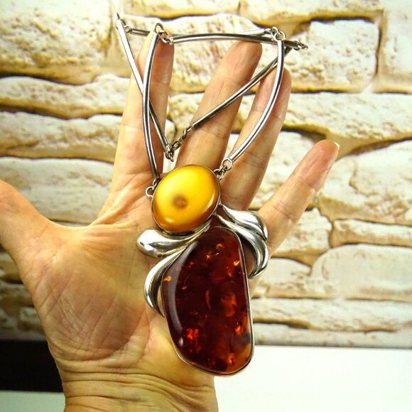 Super Giant Heavy Amber & 925 Silver Link Necklace - Rare Jewelry Gift For Her - Picture 9 of 16